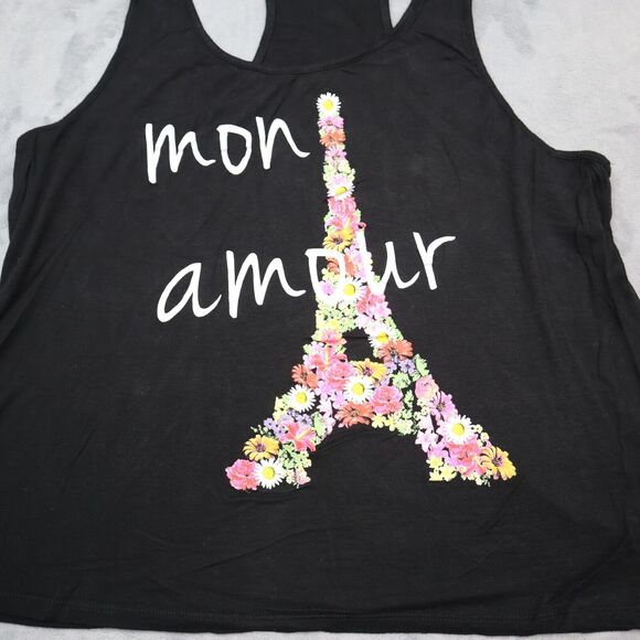 Mon Amour Shirt Womens Black Sleeveless Scoop Neck Racerback Graphic Tank Top - Picture 2 of 13